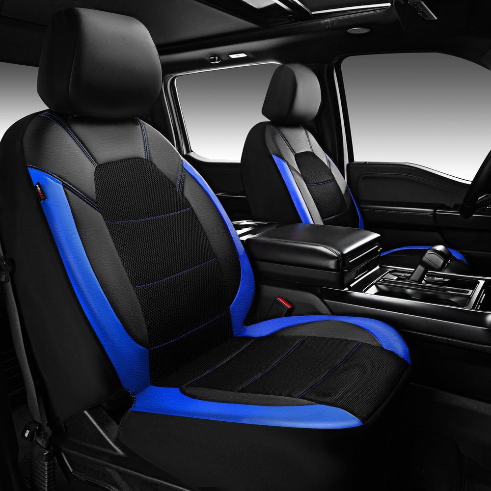 CAR PASS full front seat cover set showing sporty black and blue look and protection