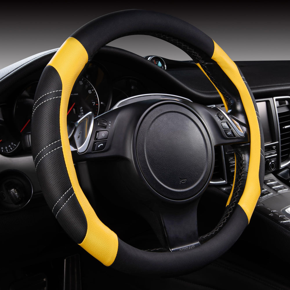 CAR PASS front view showing black-yellow sporty steering cover and styling benefit