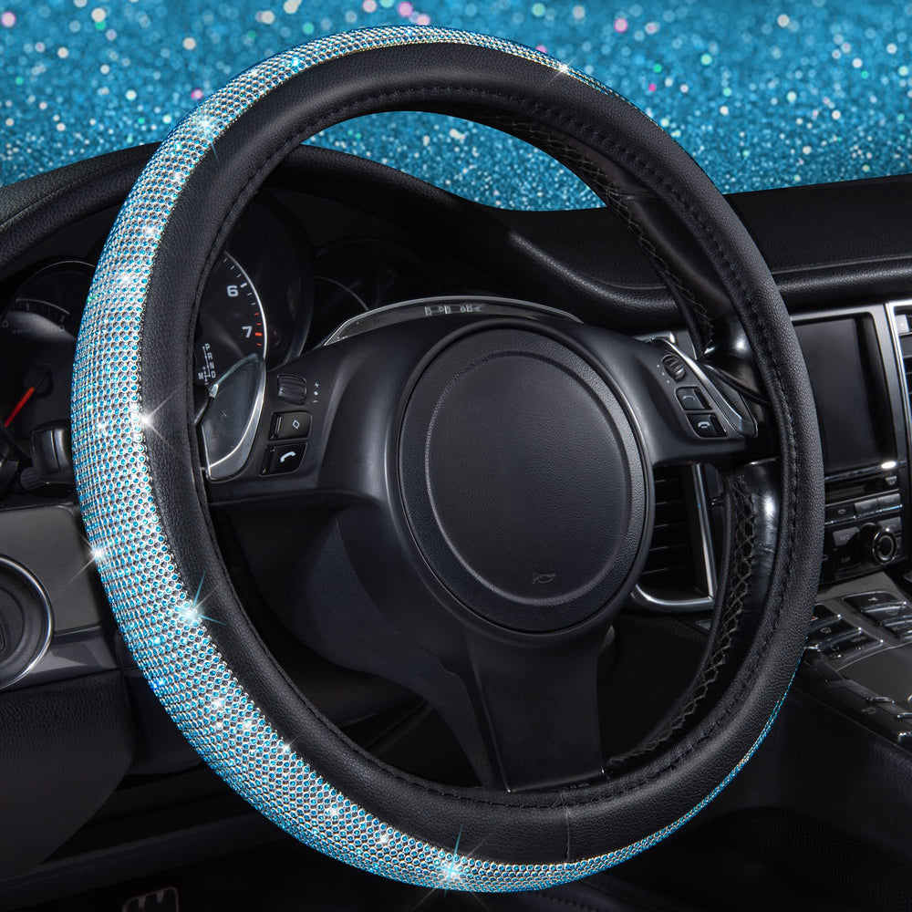 CAR PASS front view of mint diamond steering wheel cover showing sparkle and fit