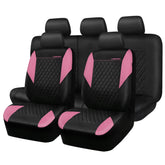 CAR PASS front seat cover set displayed in pink, shows full-set benefit