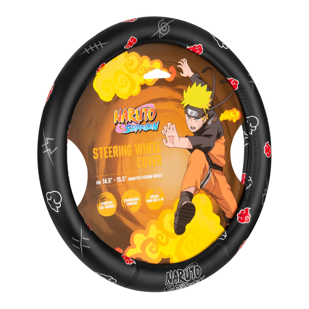 Carbella Naruto steering wheel cover front view highlighting Akatsuki design and bold style