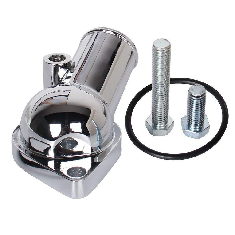 CarBole chrome thermostat housing front view highlighting polished finish and improved engine looks