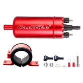 CarBole front view of red external fuel pump showing robust housing and performance