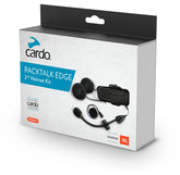 Cardo Packtalk sealed packaging showing unopened 2nd helmet kit and assurance of new parts and fast setup