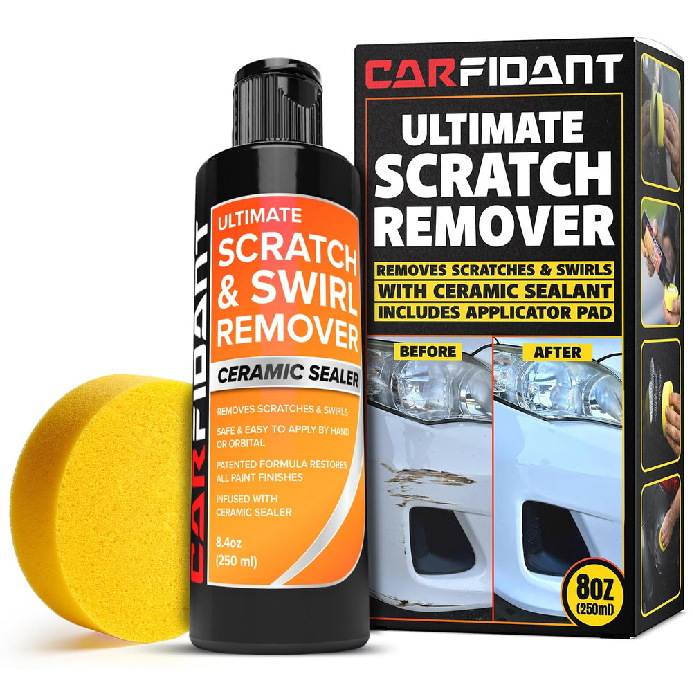Carfidant front bottle with buffer pad showing kit contents and ease of use