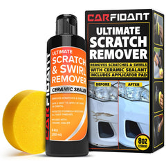 Carfidant front bottle with buffer pad showing kit contents and ease of use