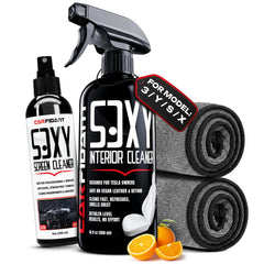 Carfidant front kit bottles displayed showing clear Tesla-safe labeling and contents