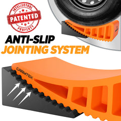 CARMTEK leveler in use behind an RV tire demonstrating fast precise leveling