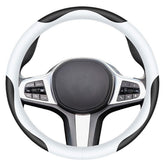 Carodi front view of black and white steering wheel cover showing stylish design and fit