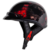 CARTMAN helmet front view showing red skull graphic and DOT badge for style and compliance