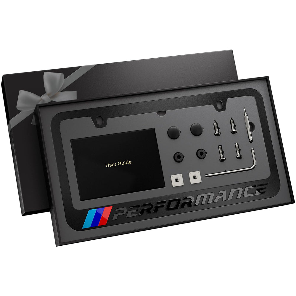 Carvenluxe front view of black license plate frame showing sleek finish and instant style