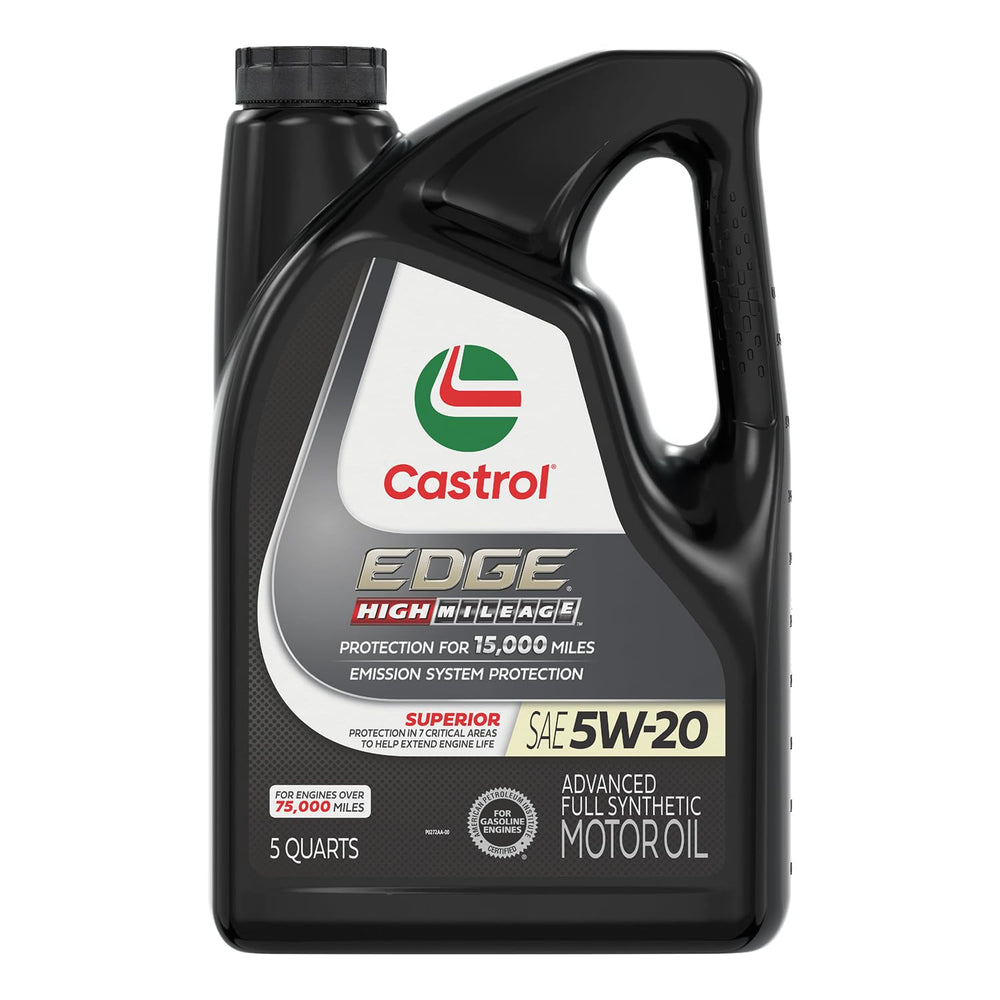 Castrol EDGE front label showing 5W-20 and high mileage benefits