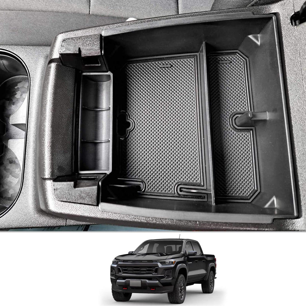 CDEFG front view of center console tray showing neat organization benefit