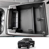 CDEFG front view of center console tray showing neat organization benefit