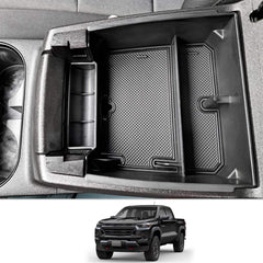CDEFG front view of center console tray showing neat organization benefit
