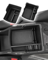 CDEFG front view of organizer showing tidy console and quick access benefit
