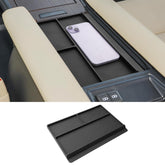 CDEFG front view of tray installed on Sienna armrest showing secure fit and convenience