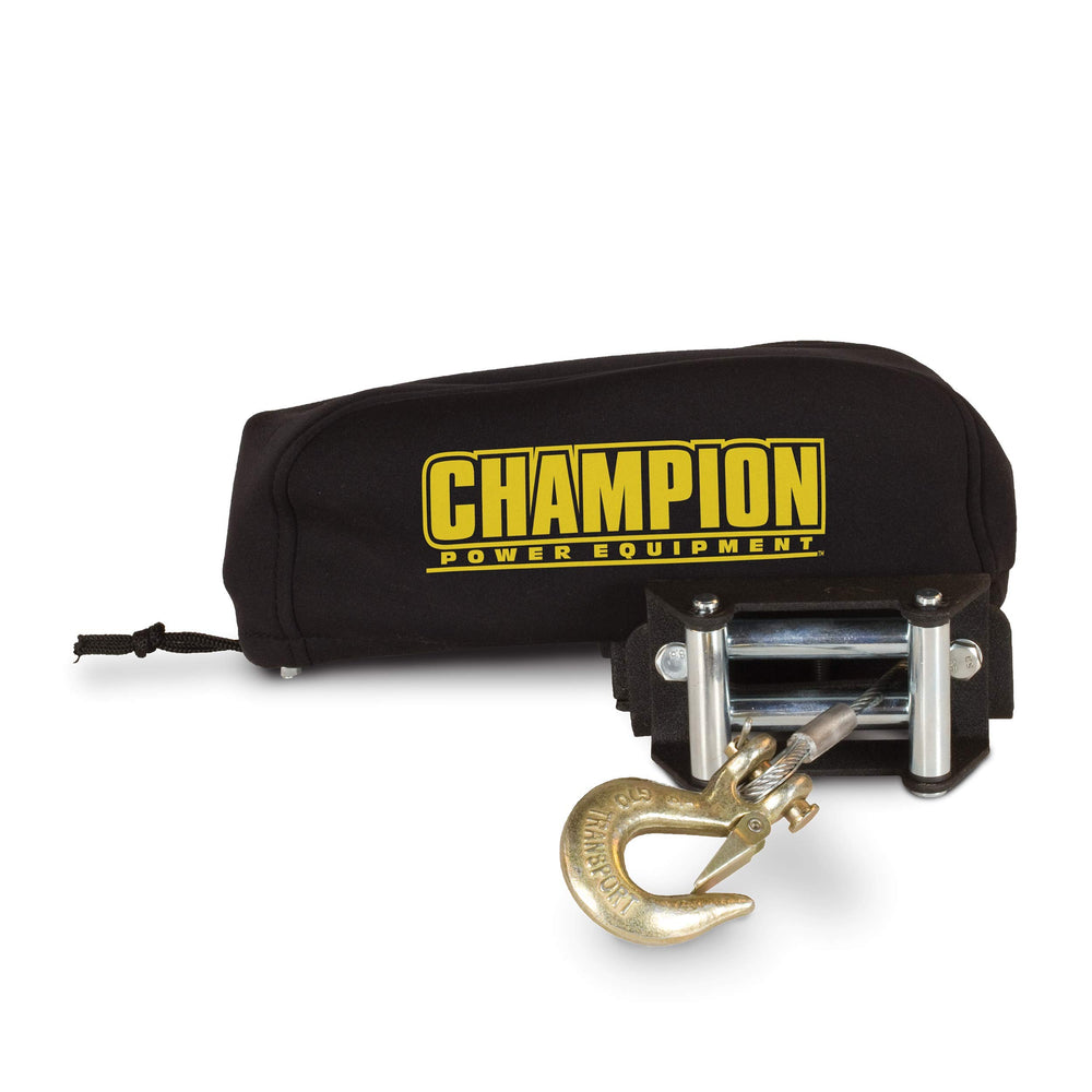 Champion Power Equipment front view of neoprene winch cover protecting winch