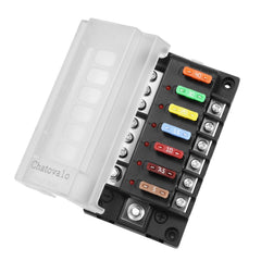 Chatovalo front view fuse box showing six blade fuses and neat wiring for organized power