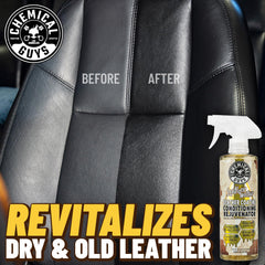 Chemical Guys Leather Nectar before and after seat split showing visible restoration