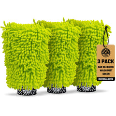 Chemical Guys Dually mitt front view showing lime green pack and logo preserving finish