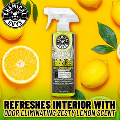 Chemical Guys spray action foaming on upholstery for easier stain removal benefit