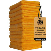 Chemical Guys front pack of twelve gold towels showing value and readiness