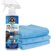Chemical Guys spray bottle and three microfiber towels showing quick cleaning