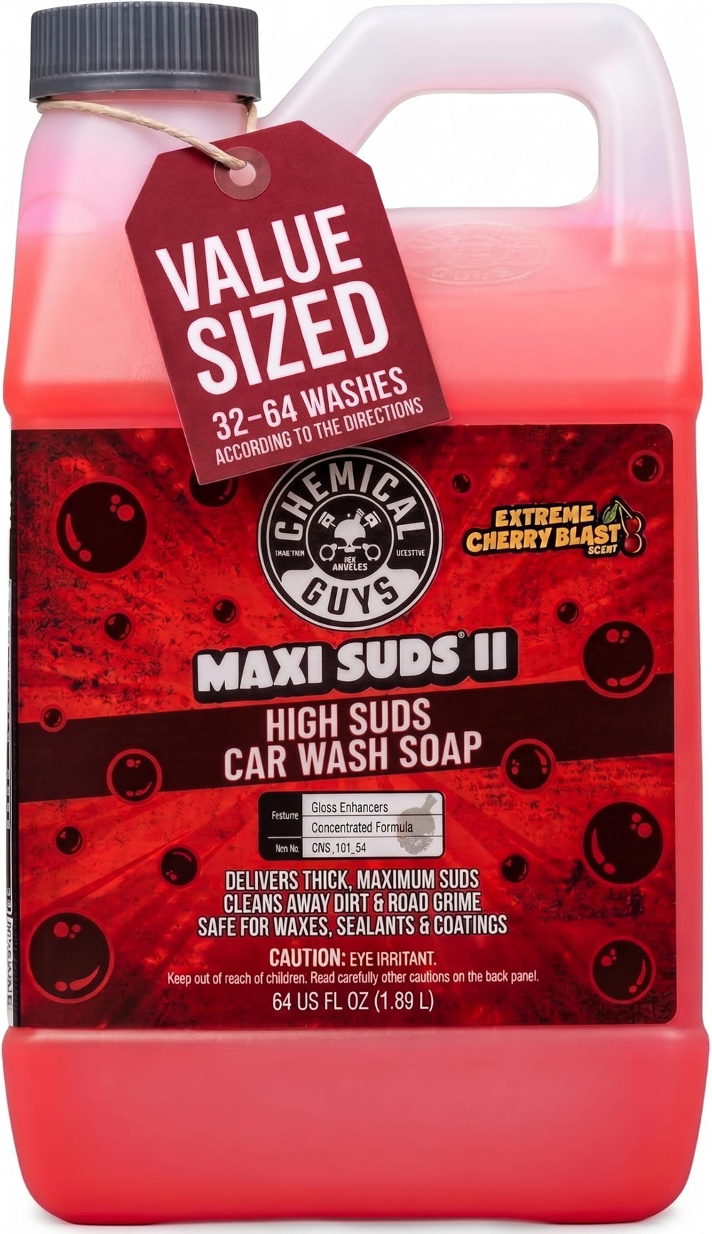 Chemical Guys bottle front view showing Maxi-Suds II cherry scent benefit
