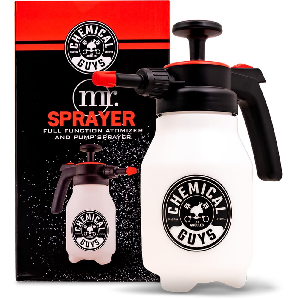 Chemical Guys Mr. Sprayer front view showing 50 oz capacity and durable build benefit