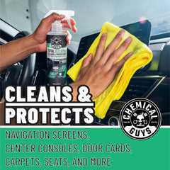 Chemical Guys product in use cleaning dashboard for streak-free protection benefit