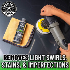 Chemical Guys foam applicator pad with product applied demonstrating spreadability