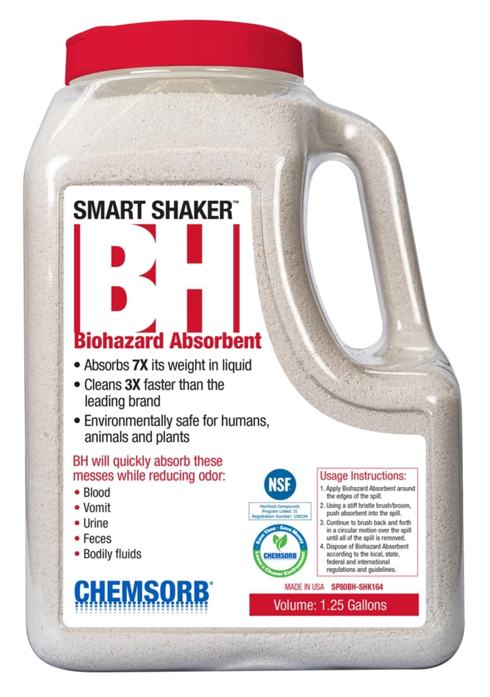 Chemsorb bottle front view showing red cap and label, easy identification for fast response