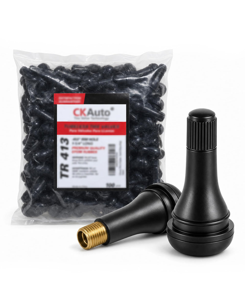 CKAuto TR413 front packaging showing 100 stems for easy bulk replacement