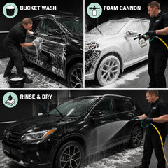 CLEAN. in foam cannon spraying thick foam across vehicle for pre-wash lubrication
