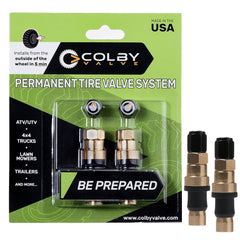 Colby Valve front view showing two metal stems and compact packaging for quick replacement