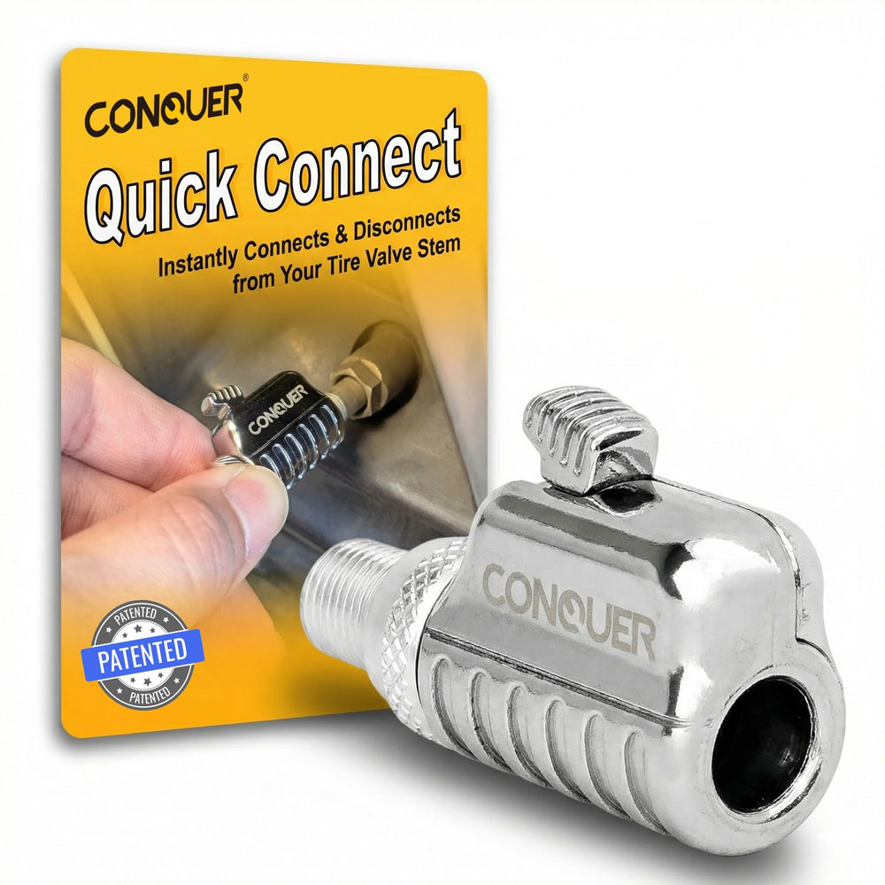 CONQUER front view showing metal quick-connect and benefits of secure grip
