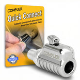 CONQUER front view showing metal quick-connect and benefits of secure grip