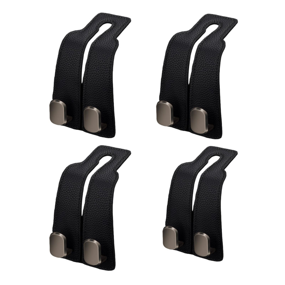 Coozyland front view of four black leather headrest hooks showing premium style and organization