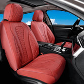 Coverado front seat view showing red leather protecting upholstery and adding style