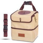 Creathing front view showing compact trash can and secure design benefit: keeps car tidy