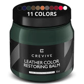 CREVIVE green leather balm front view showing bottle and color match benefit