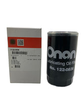 Cummins Onan oil filter front view showing label and compact design, reliable replacement