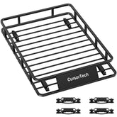 CursorTech front profile of roof basket showing sturdy grid and mounting clamps, clear organization benefit