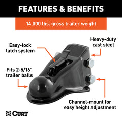 CURT side view mounted on channel illustrating two-bolt stability and adjustability