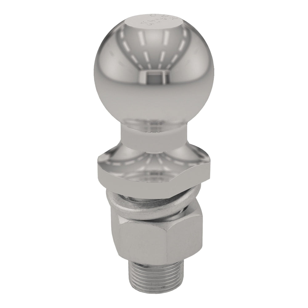 CURT stainless 2-inch hitch ball front view showing polished finish and fit benefit