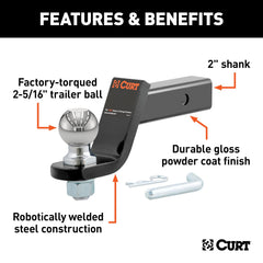 CURT 45042 close-up of factory-torqued 2-5/16" ball for secure coupler fit