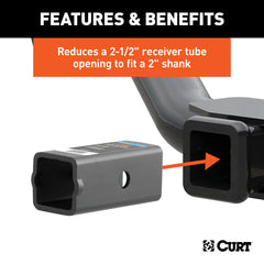 CURT reducer sleeve beside ruler and pin showing size and easy installation benefits