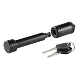 CURT barbell hitch lock front view showing sturdy black finish and secure appearance