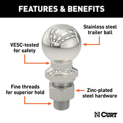 CURT hitch ball mounted on ball mount showing secure fit and towing readiness